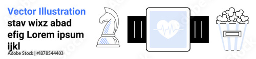 Healthcare tech, gaming strategy, leisure, entertainment, wellness, mobile activity tracking. Chess knight, smartwatch with heart icon and popcorn illustration. Healthcare tech and gaming strategy
