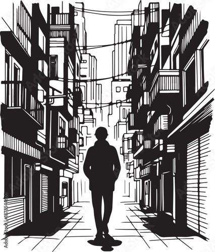 Man standing alone in a city street at night