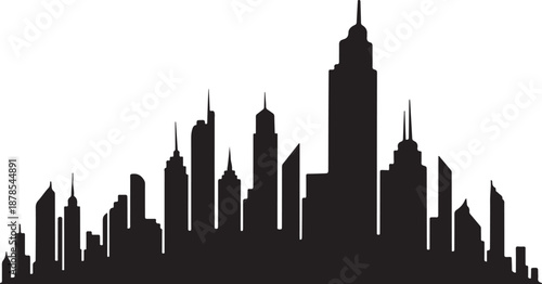 Black silhouette of a city skyline with tall buildings