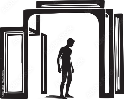 Man standing in front of multiple doorways and portals