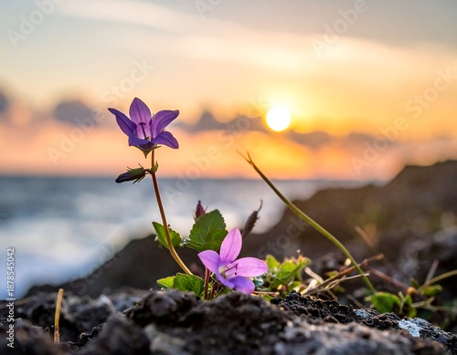 Purple wildflowers on rocky coast during golden sunset, ocean and clouds softly blurred in background