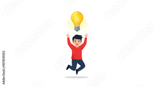 Idea Realization: Man Jumping with Lightbulb Above Head