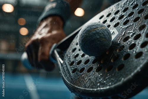 Close-up of a hand gripping a textured paddle with a tennis ball poised for a powerful serve, showcasing the intensity and focus of competitive sports in a dynamic indoor environment