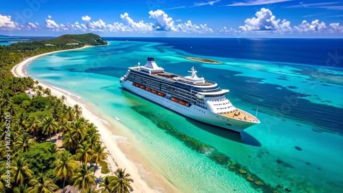 Cruise Ship Sailing Through Turquoise Waters Near Tropical Island.