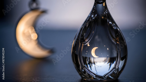 A glass bottle with a moon reflection inside, placed on a dark surface, captured in a close-up shot with a blurred background and a crescent moon pendant nearby.