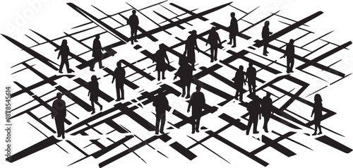 Silhouettes of people walking on intersecting lines and paths