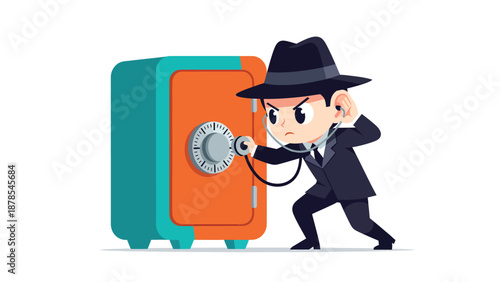 Cartoon Thief with Stethoscope Trying to Open Safe