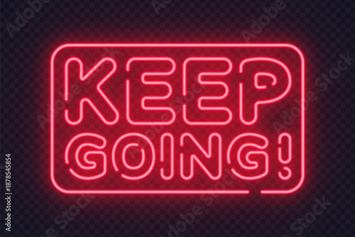 Motivational Keep Going neon sign adds energy and encouragement. Bright glow suits fitness, education, and personal growth visuals.