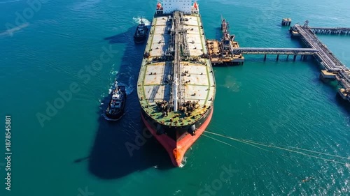 Aerial view of a large oil tanker docked at a port for loading and unloading operations.