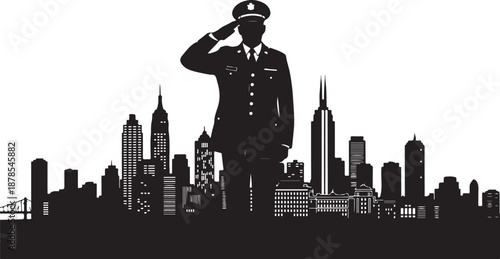 Silhouette of police officer saluting in front city skyline