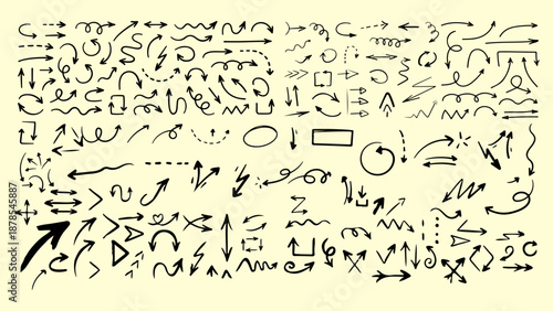 Mega set of hand drawn black arrows and doodle pointers on cream background