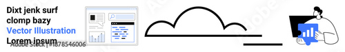 Cloud storage, data analysis, digital workspace, online collaboration, remote operations, technology. Cloud icon with a line, analyst at a computer and data chart. Cloud storage and data analysis
