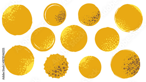 Collection of yellow petri dishes with bacterial cultures on white background.