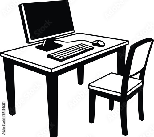 A simple computer workstation with a monitor and chair