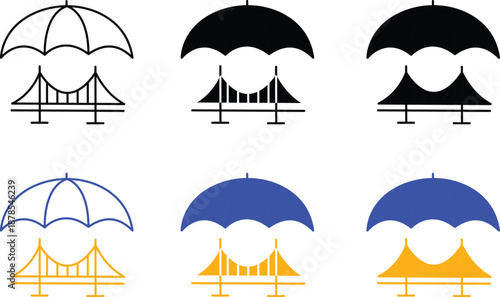Comprehensive bridge infrastructure and industrial factory insurance icons with car and financial money bag protection symbols Vector Silhouette, Pictogram and Line Icon Set.eps