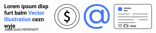 Online transactions, communication, social media, financial services, digital connectivity, modern interface. Dollar sign, at symbol and social media post. Online transactions and communication