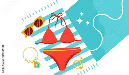 Poolside summer recreation illustration with bikini and holiday accessories