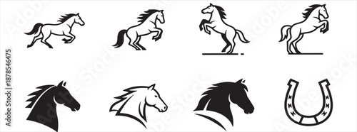 Set of Horse Silhouettes and Equestrian Icons; Stylized Stallion Illustrations in Galloping, Rearing, and Standing Poses with Horse Head Profiles and Horseshoe Symbol Isolated on White Background