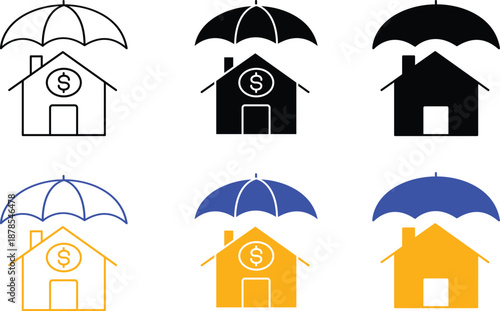Comprehensive home insurance coverage protection and property financial security flat symbols collection Vector Silhouette, Pictogram and Line Icon Set.eps