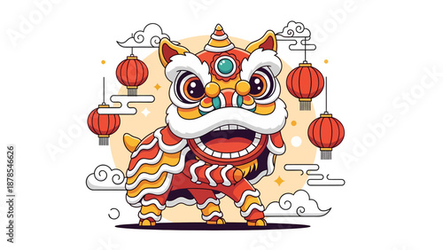 Colorful Lion Dance with Lanterns and Clouds