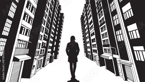 A person standing alone in a city street illustration