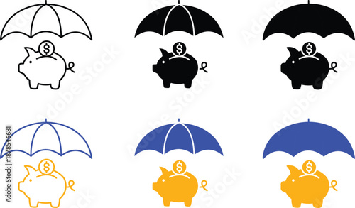 Financial Insurance And Money Protection Savings Concept With Piggy Bank And Umbrella Symbols Vector Silhouette Pictogram and Line Icon Set.eps