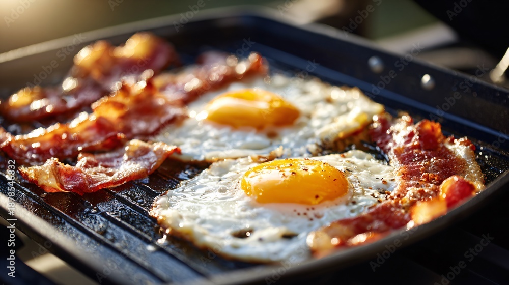 custom made wallpaper toronto digitalEggs and bacon cooked outdoors on grill pan, morning sunlight, lifestyle storytelling