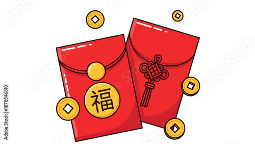 Chinese Red Envelopes with Gold Coins for Good Fortune