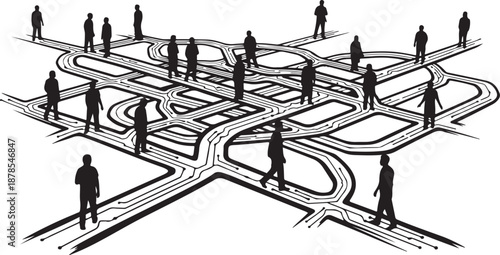People navigating through a complex road network maze system