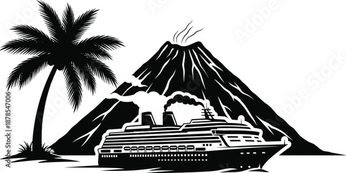 Cruise ship sailing near volcano and palm tree