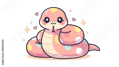 Cute Kawaii Pink Snake Cartoon with Hearts and Sparkles