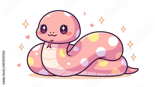 Cute Kawaii Pink Polka Dot Snake with Hearts and Sparkles