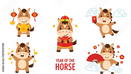 Cute Year of the Horse Chinese New Year Cartoon Character Set with Lanterns and Red Envelopes
