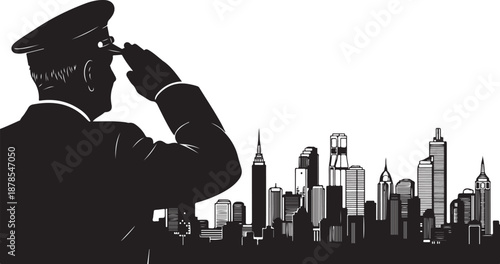 Man in uniform saluting city skyline silhouette illustration graphic