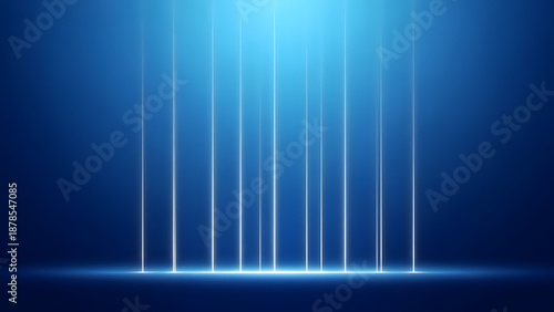 Blue gradient abstract background with precise vertical white light highlights emerging from a deep navy base. Smooth tonal transition from dark to luminous blue, clean minimal composition, modern dig