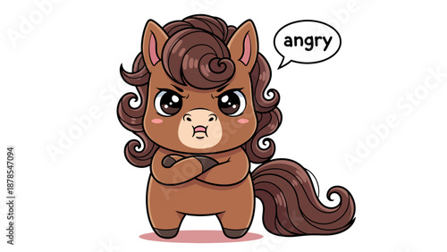 Cute Angry Pony Cartoon Character with Crossed Arms and Speech Bubble
