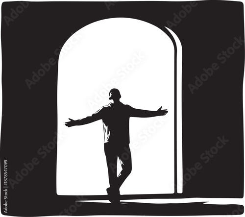 Man standing in an open doorway with arms outstretched wide