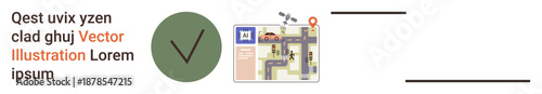 Travel, location services, navigation, route planning, wayfinding, geolocation. Illustrated map showing a neighborhood, roads and navigation points. Travel and location services concept