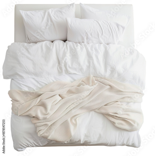 Wallpaper Mural A king bed viewed from above with neatly arranged bedding. The bedding includes white sheets, pillows, and a light throw blanket. There is a focus on the layout Torontodigital.ca