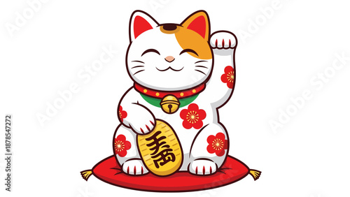 Maneki Neko (Lucky Cat) with Red Flowers and Golden Plate