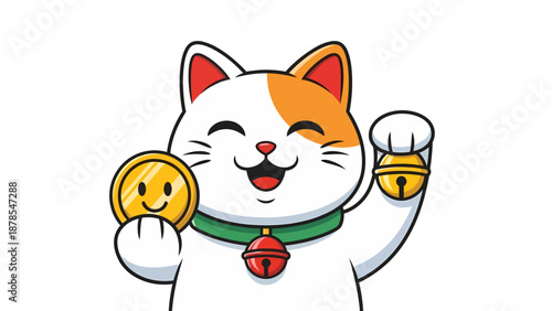 Maneki Neko (Lucky Cat) Holding Smiling Coins and Bell