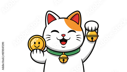 Maneki Neko Cat Holding Coins and Bells