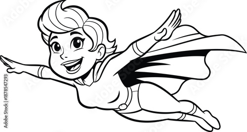 Cartoon girl superhero flying outline vector art