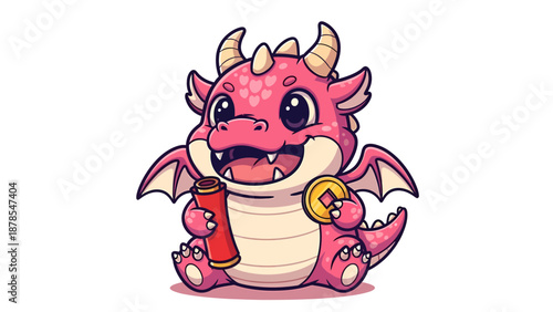 Cute Pink Dragon Holding a Red Scroll and Coin