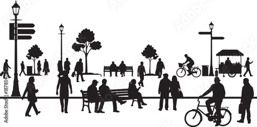 City Park Scene with People and Various Activities Silhouettes