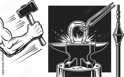 Blacksmith at work with hammer and anvil creating metal tools