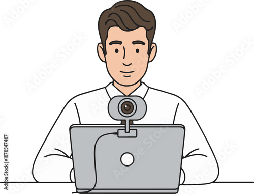 Online Meeting Man Video Call Remote Work Business Concept, Flat Cartoon Illustration Style