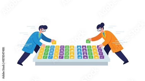 Scientists arranging data blocks: Research and development team collaborating on a scientific project in laboratory.