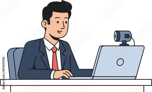 Online Meeting Man Video Call Remote Work Business Concept, Flat Cartoon Illustration Style