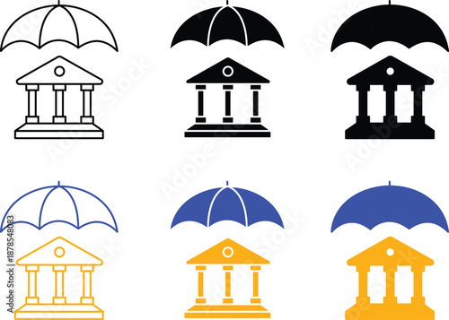 Secure Banking Institution and Government Finance Building Insurance Coverage Symbols Protected by Umbrella Weather Safety Shield Vector Silhouette, Pictogram and Line Icon Set.eps